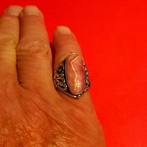 Vintage 925 Sterling Silver Pink Oval Rhodochrosite Ring